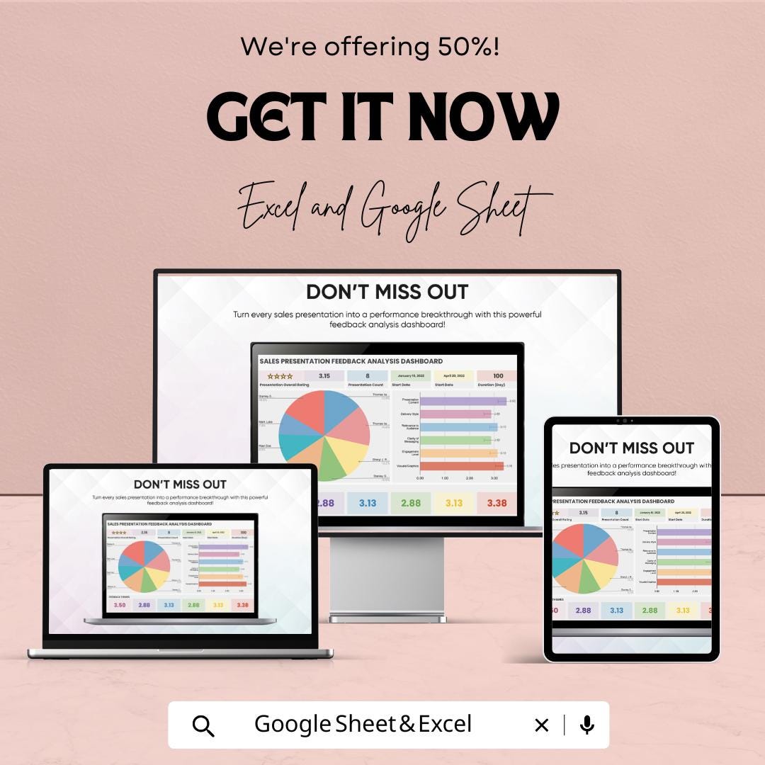 Sales Presentation Feedback Analysis Dashboard | Google Sheets & Excel Template | Performance Review Tracker | Sales Metrics Dashboard |