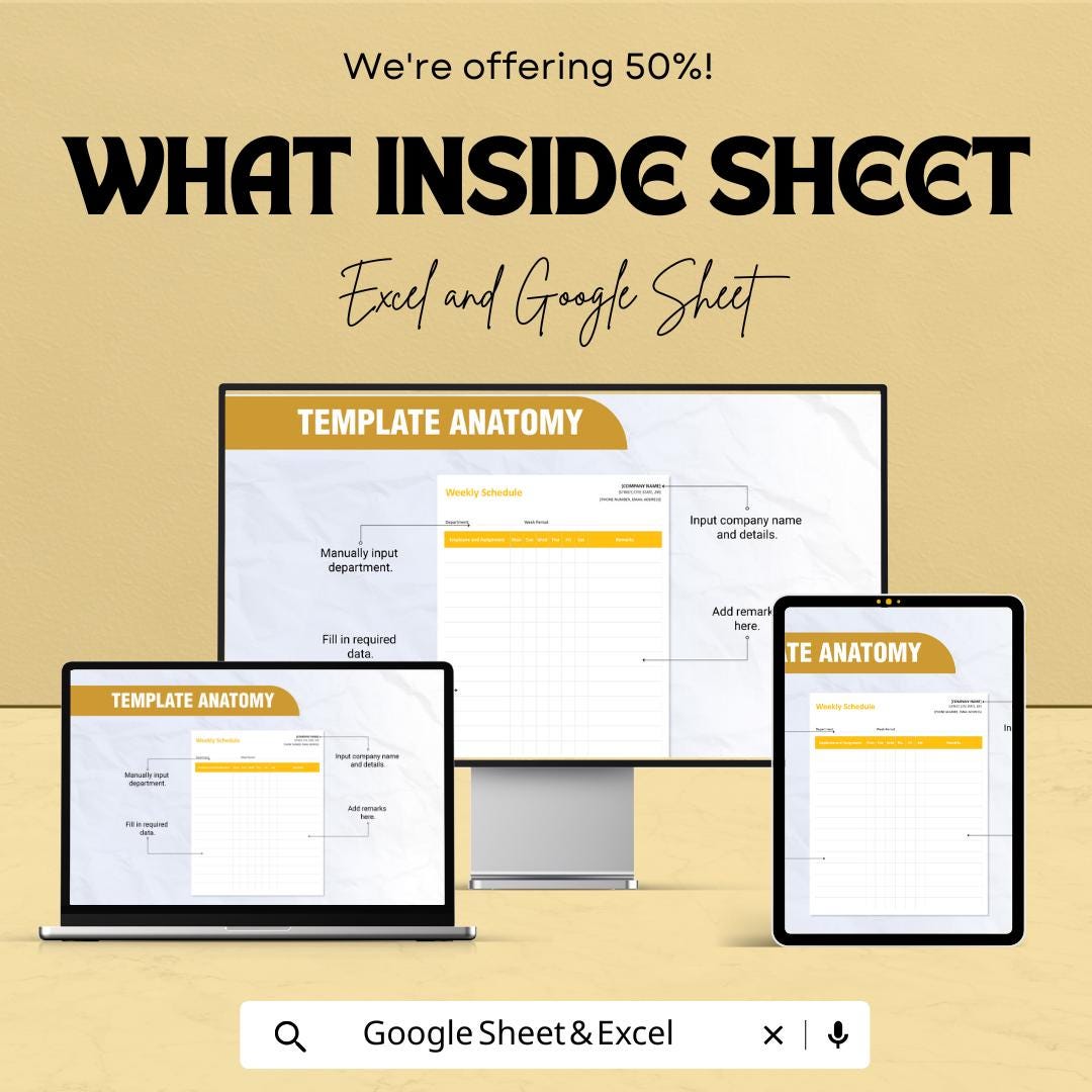Weekly Schedule Sheet – Excel & Google Sheet Template | Employee and Task Planner | 50% Off