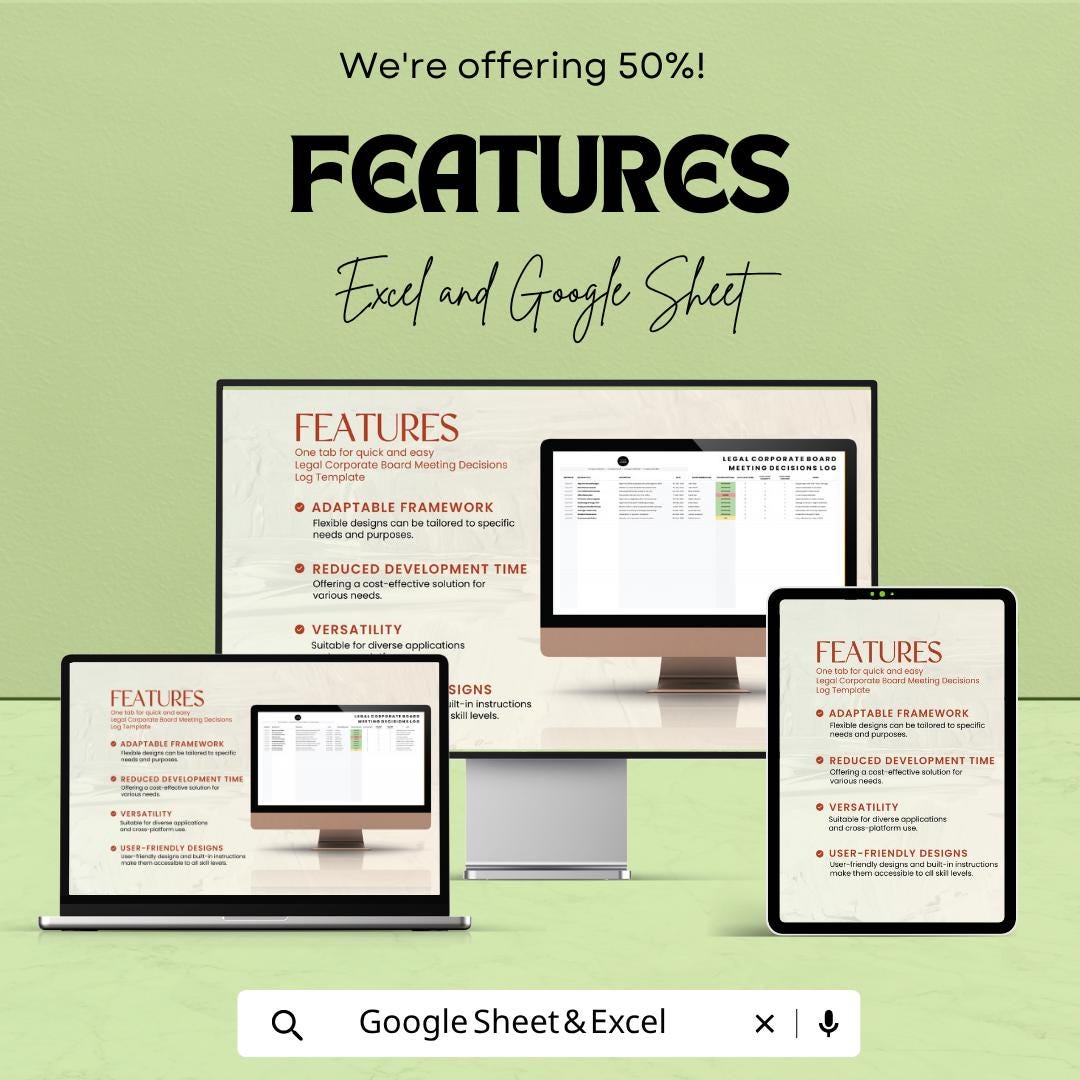 Legal Corporate Board Meeting Decisions Log Template | Board Minutes Tracker | Governance Record Spreadsheet | Decision Register Log