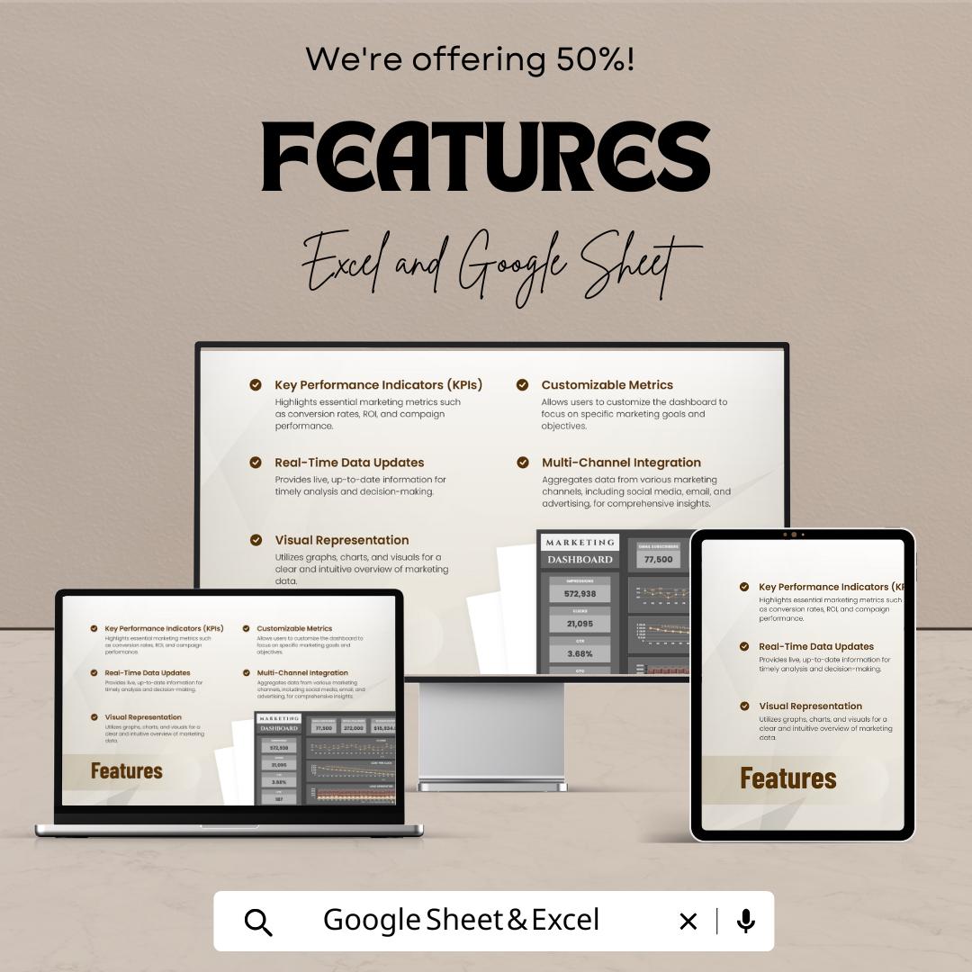 Marketing Dashboard Sheet | KPI Tracker | Marketing Performance Tracker | Excel & Google Sheet Template | Business Analytics Dashboard