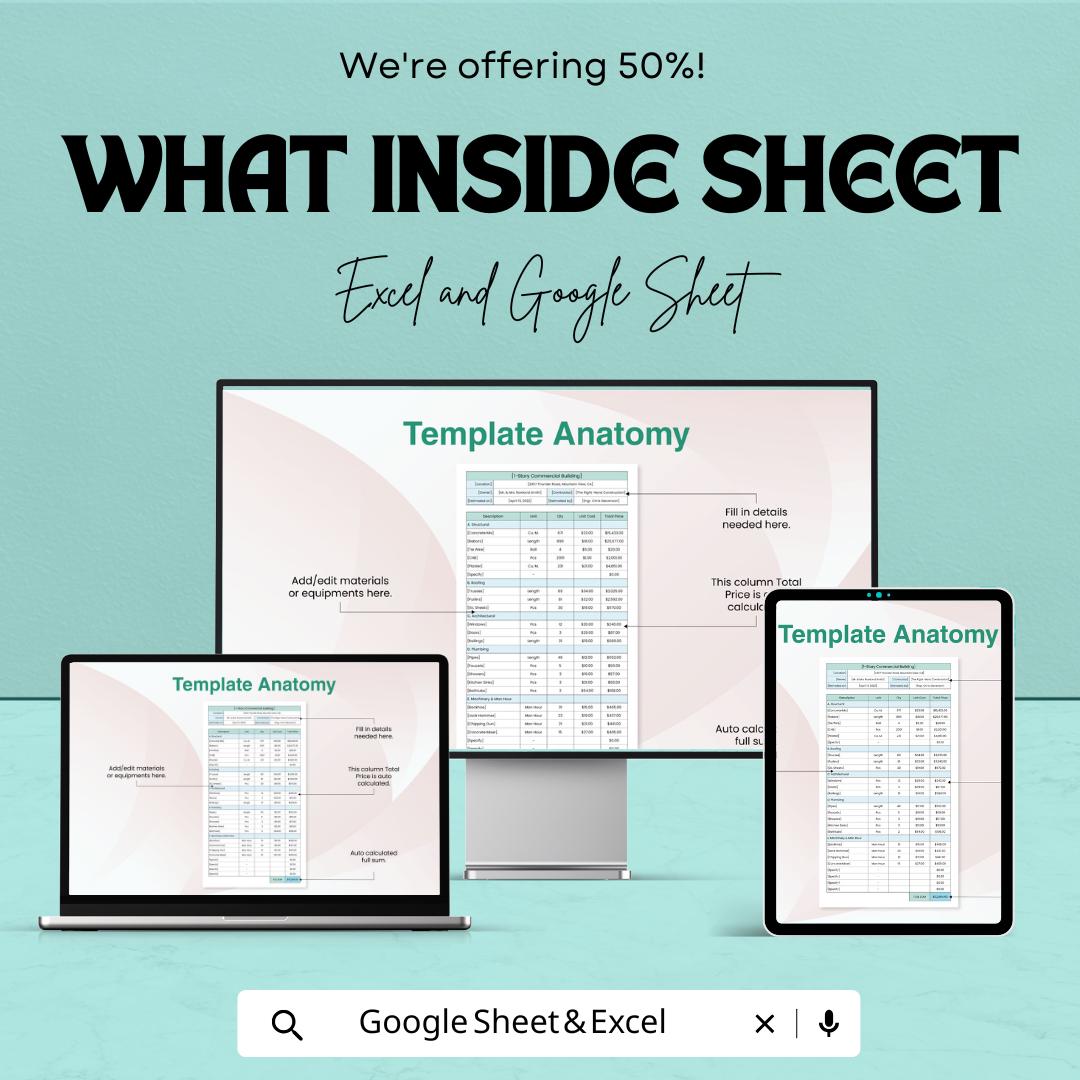 Editable Construction Cost Estimate Sheet - Excel & Google Sheets Template - Cost Calculation, Budget Planner, Construction Expense Tracker