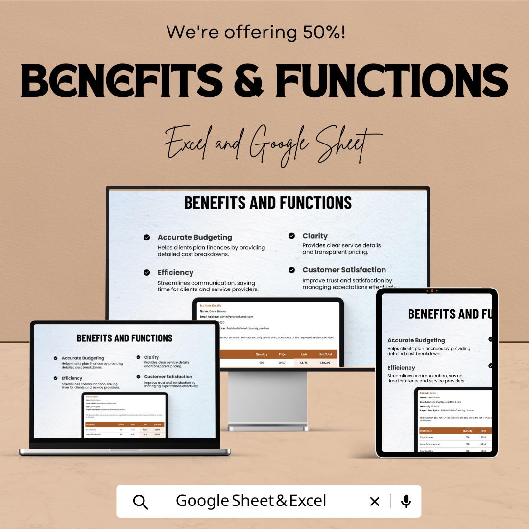 Roof Cleaning Service Estimate Sheet - Excel & Google Sheets Template for Roof Cleaning Quotes, Pricing Estimate Template