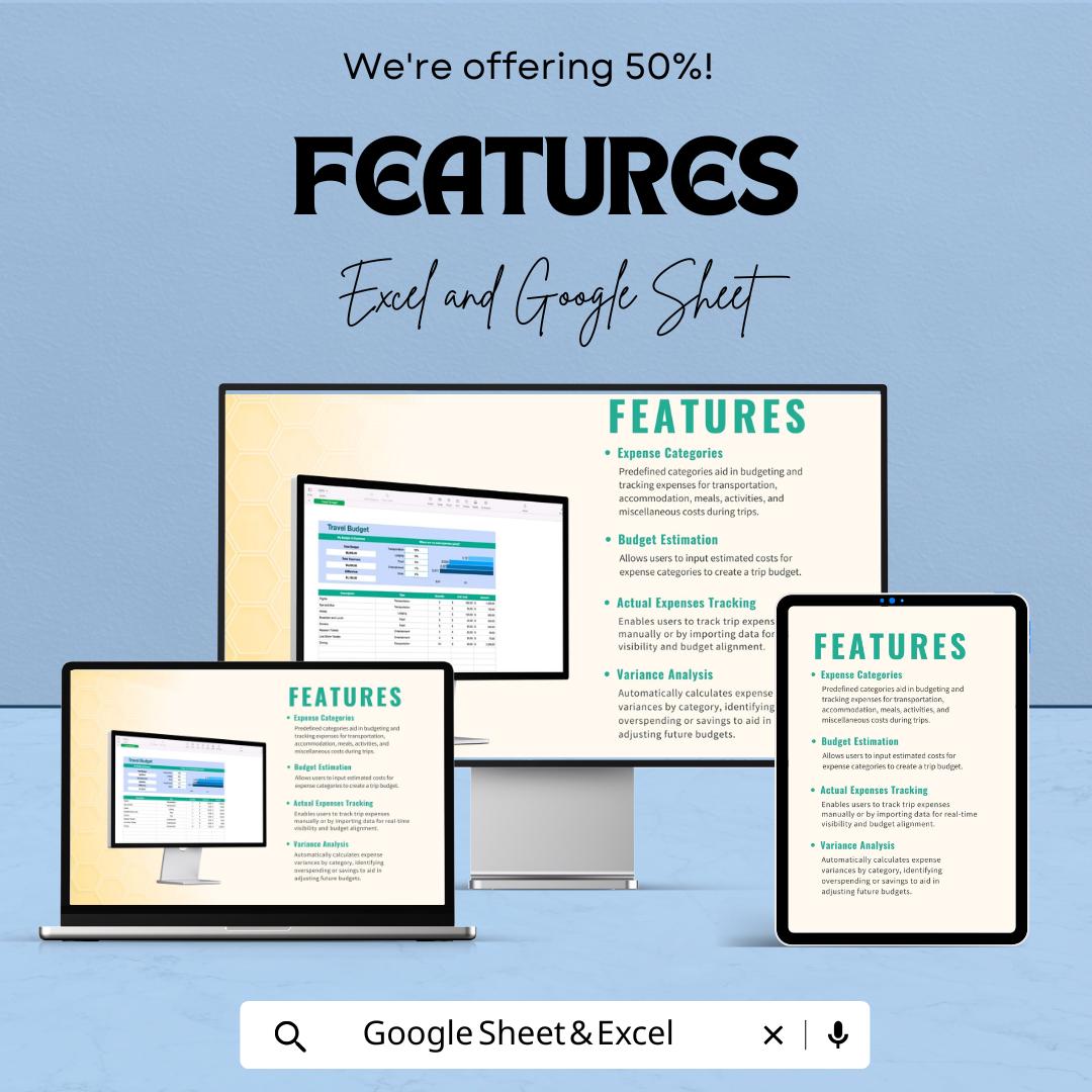 Travel Budget Sheet Template | Trip Expense Tracker | Vacation Planner Excel & Google Sheets | Travel Cost Planner