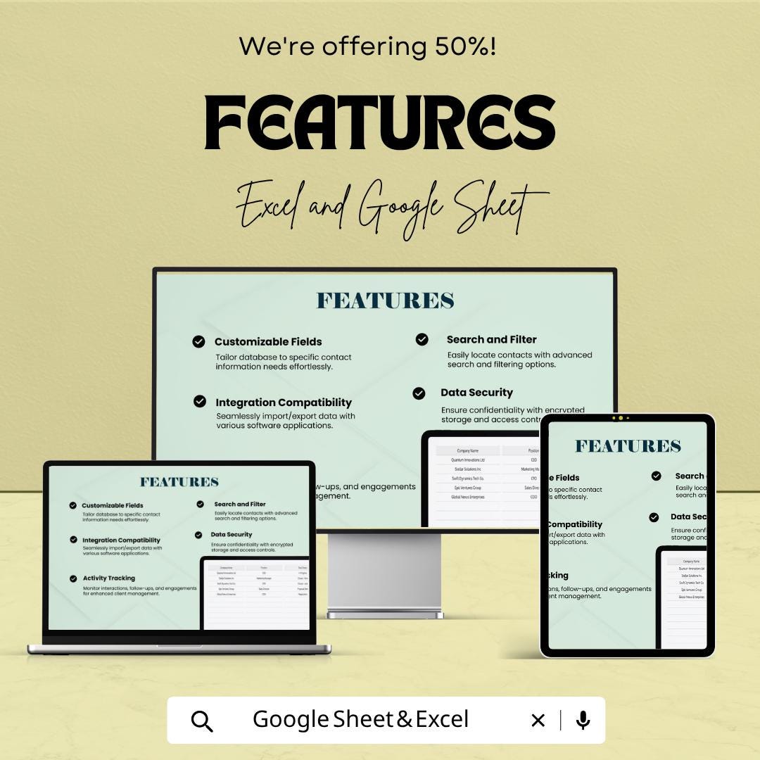 Sales Client Contact Database Template | CRM Contact Tracker Spreadsheet | Customer Management Sheet | Excel & Google Sheets |