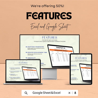 Transport & Logistics Depreciation Schedule Sheet | Excel and Google Sheet Template | Fleet Asset Tracker | Editable Financial Log