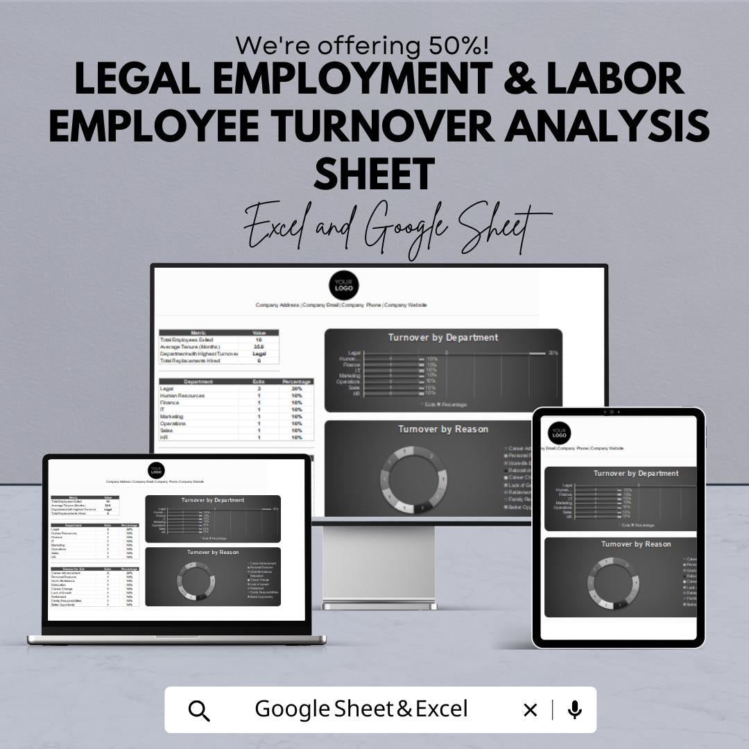 Legal Employment and Labor Employee Turnover Analysis Sheet | Google Sheet Template | Track Employee Turnover by Department and Reason