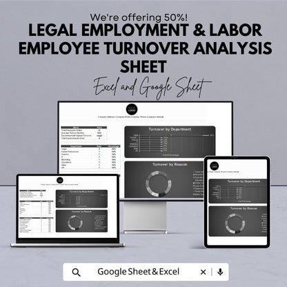Legal Employment and Labor Employee Turnover Analysis Sheet | Google Sheet Template | Track Employee Turnover by Department and Reason