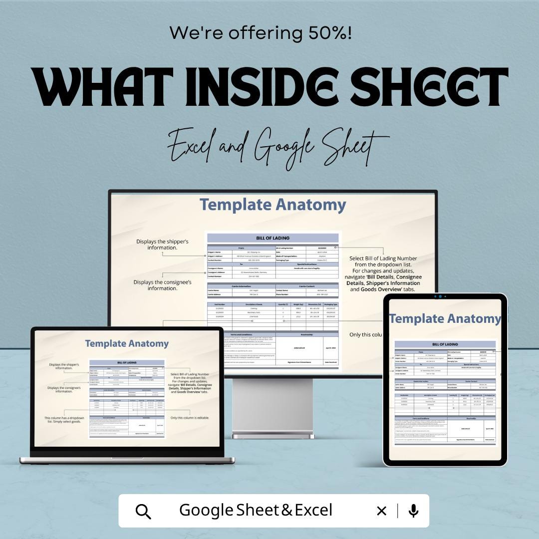 Shipping Bill of Lading Template | Freight Logistics Spreadsheet | Shipment Tracker | Excel & Google Sheets Template |