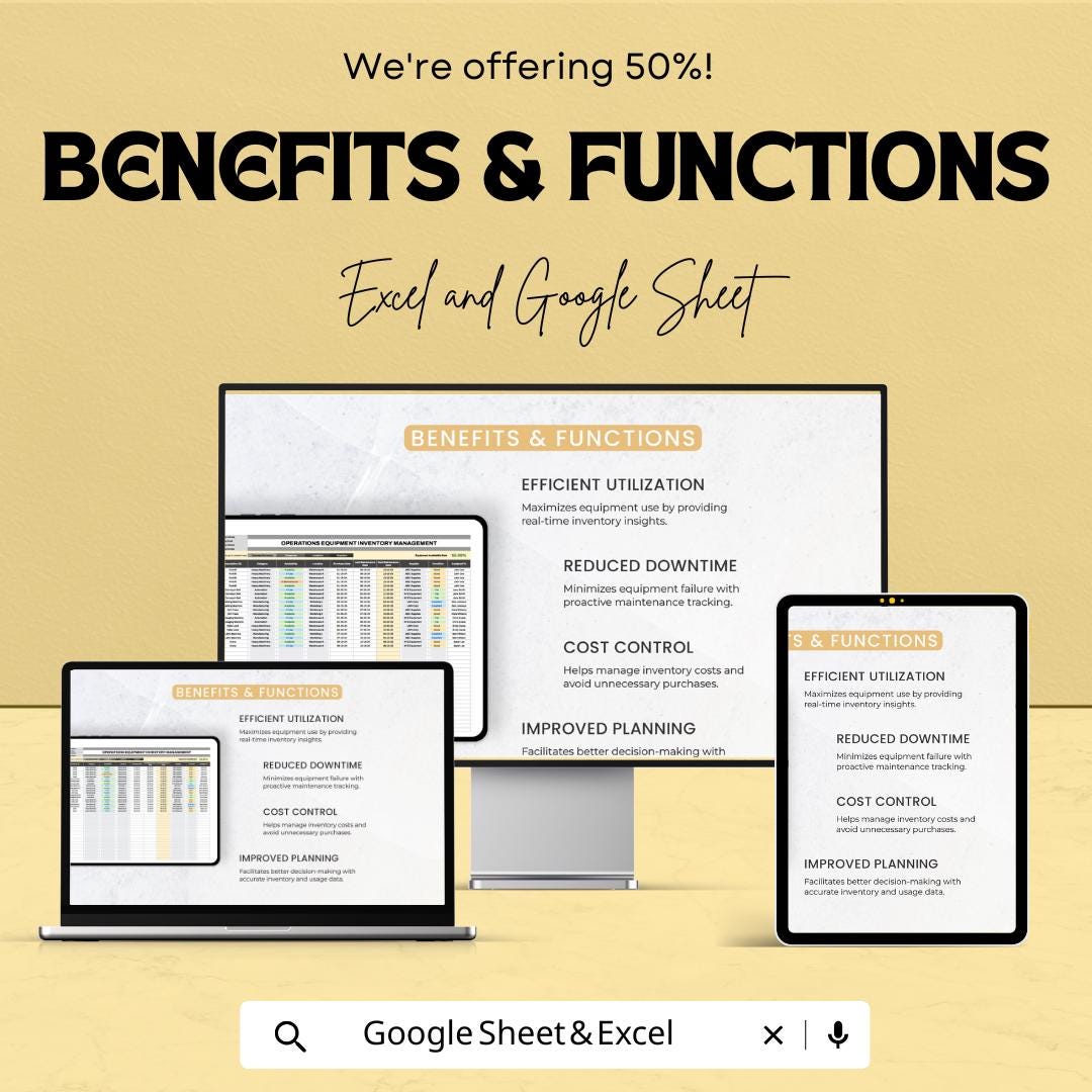 Operations Equipment Inventory Management Sheet | Excel and Google Sheets | Asset Tracking Log | Maintenance and Condition Report |