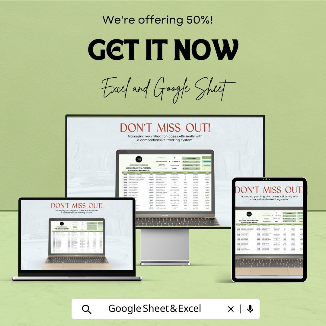 Legal Intellectual Property Litigation Case Tracker Template | Excel & Google Sheets | IP Law Case Management Spreadsheet