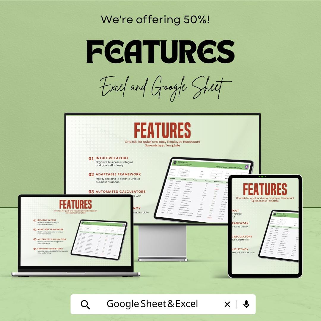 Employee Headcount Spreadsheet Template | Track Staff, Department & Employment Details | Google Sheets and Excel Compatible