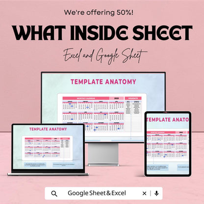 Monthly Calendar Sheet | Excel & Google Sheets | Yearly Planner Template | Customizable Calendar for Planning | 2023-2025 Schedule Organizer
