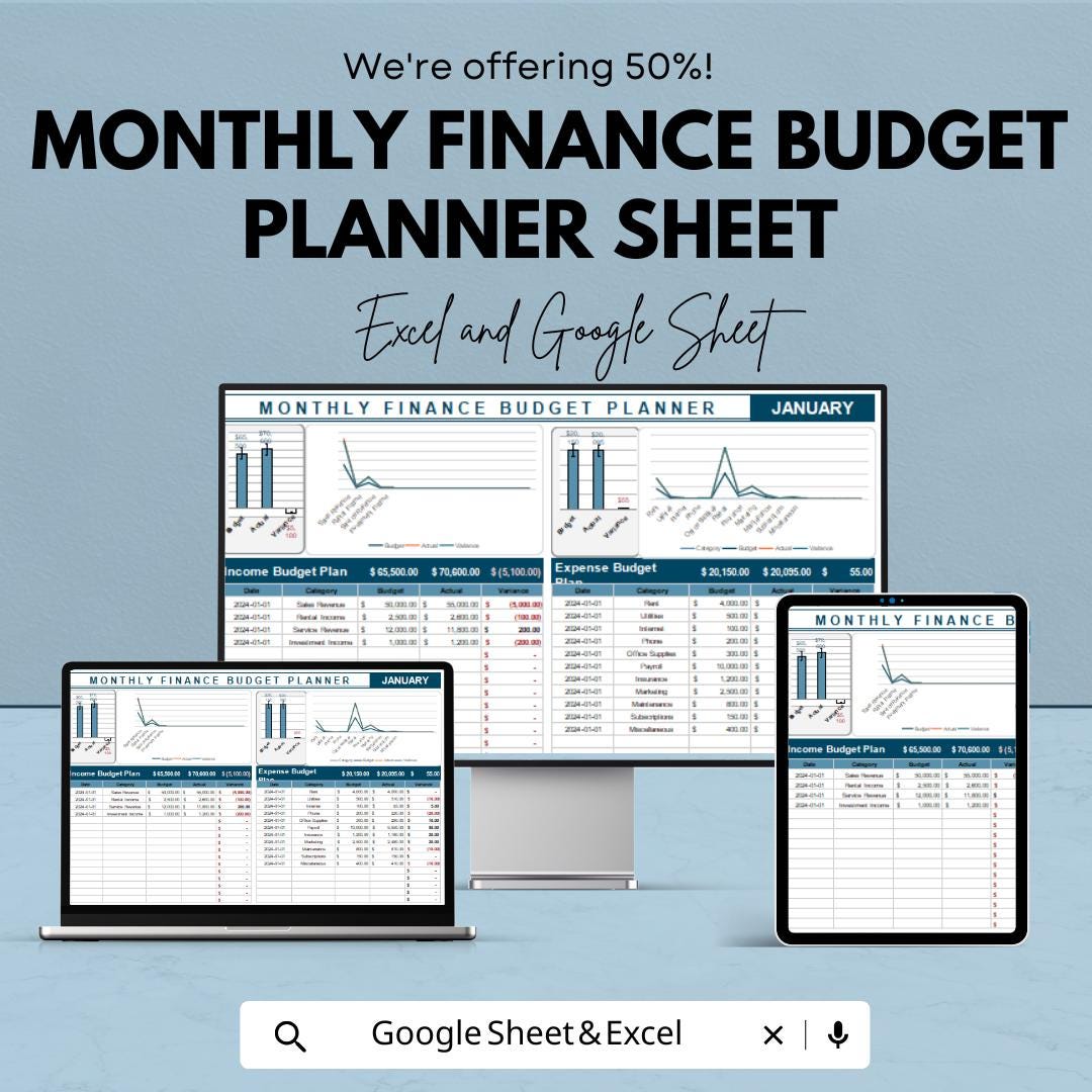 Monthly Finance Budget Planner Sheet | Track Income, Expenses, and Savings | Budget Planner for Personal Finance | Financial Tracker
