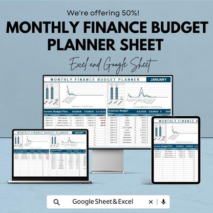 Monthly Finance Budget Planner Sheet | Track Income, Expenses, and Savings | Budget Planner for Personal Finance | Financial Tracker