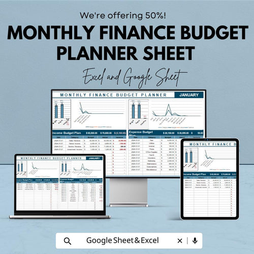 Monthly Finance Budget Planner Sheet | Track Income, Expenses, and Savings | Budget Planner for Personal Finance | Financial Tracker