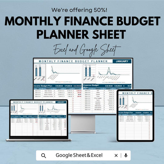 Monthly Finance Budget Planner Sheet | Track Income, Expenses, and Savings | Budget Planner for Personal Finance | Financial Tracker