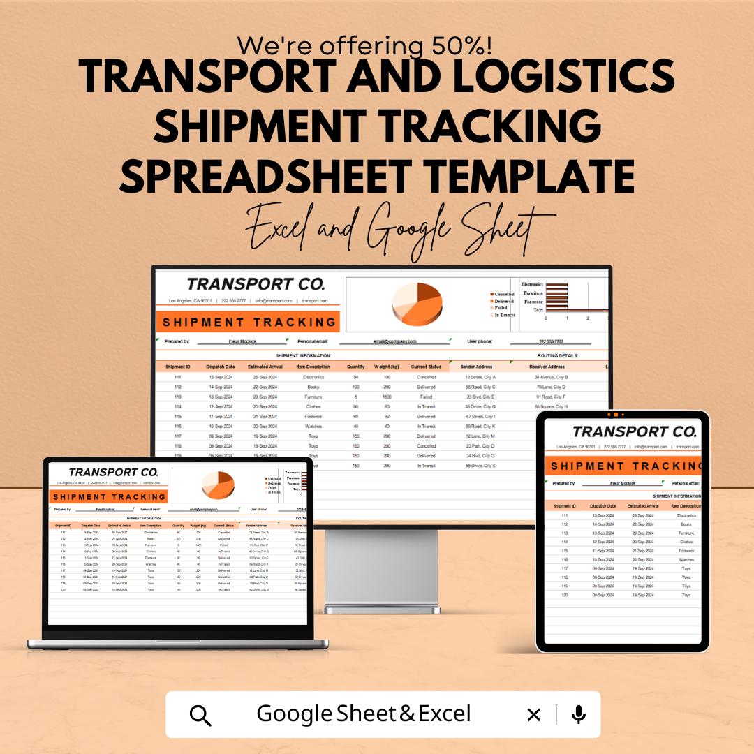 Transport & Logistics Shipment Tracking Spreadsheet | Delivery Tracking Template | Shipping Log Tool | Excel and Google Sheets