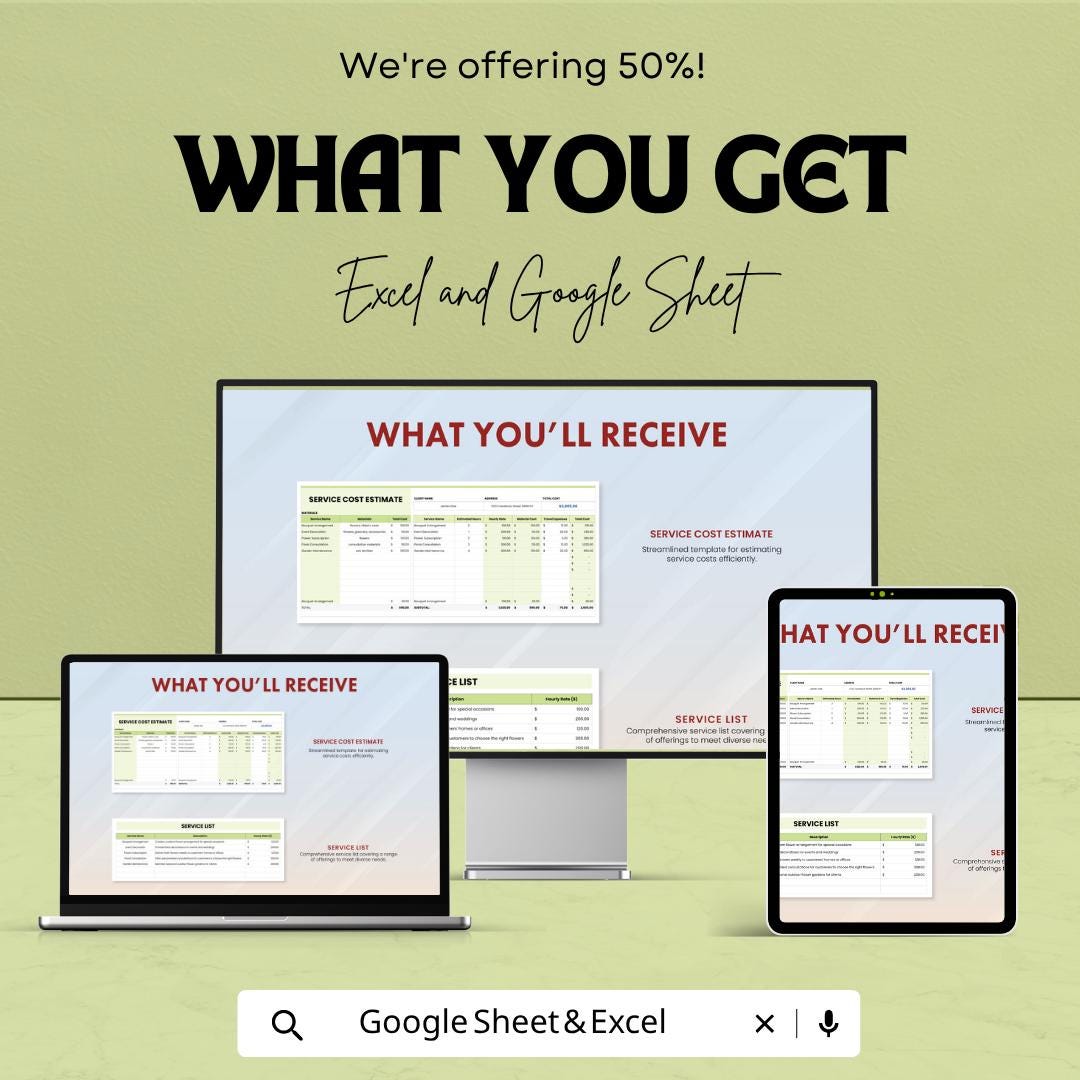Service Cost Estimate Template | Service Pricing Spreadsheet | Excel & Google Sheets | Business Cost Calculator | Service Quote Template
