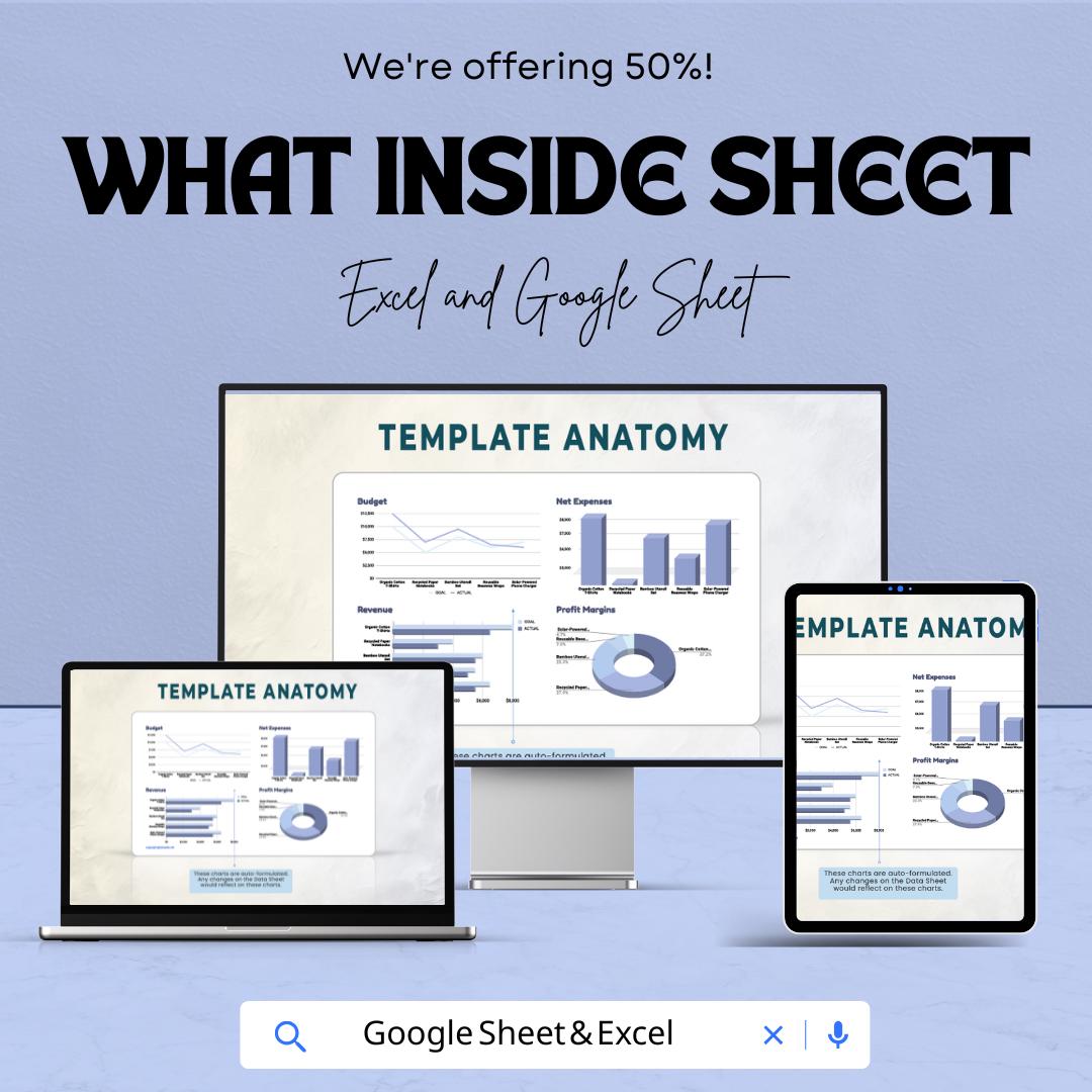 KPI Chart Sheet | Budget Tracking, Net Expenses, Revenue and Profit Margins | Excel & Google Sheet Template | Business Performance Dashboard