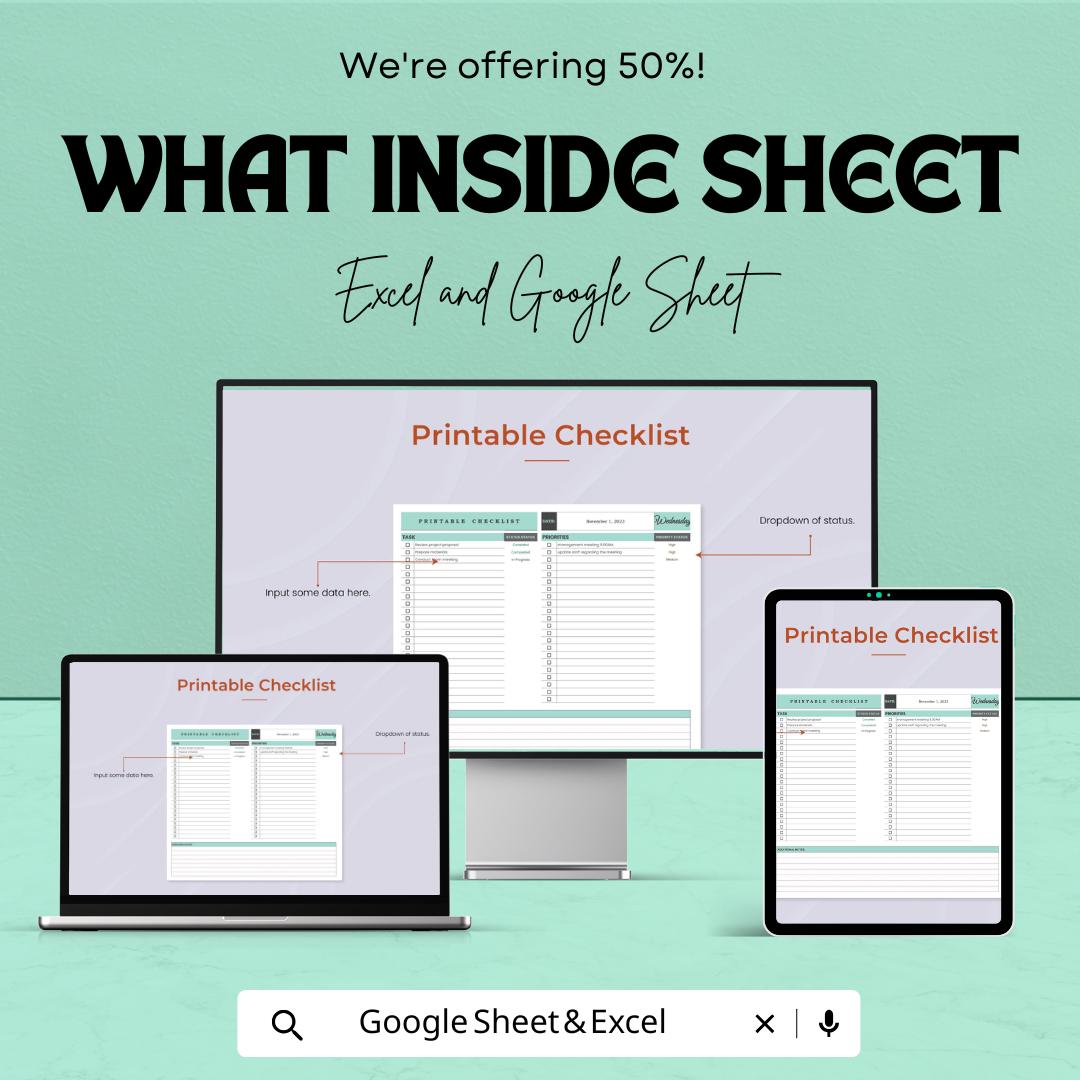 Printable Checklist Template | Task Tracker | Daily Planner | Google Sheets & Excel | To-Do List Organizer | Productivity Tracker |
