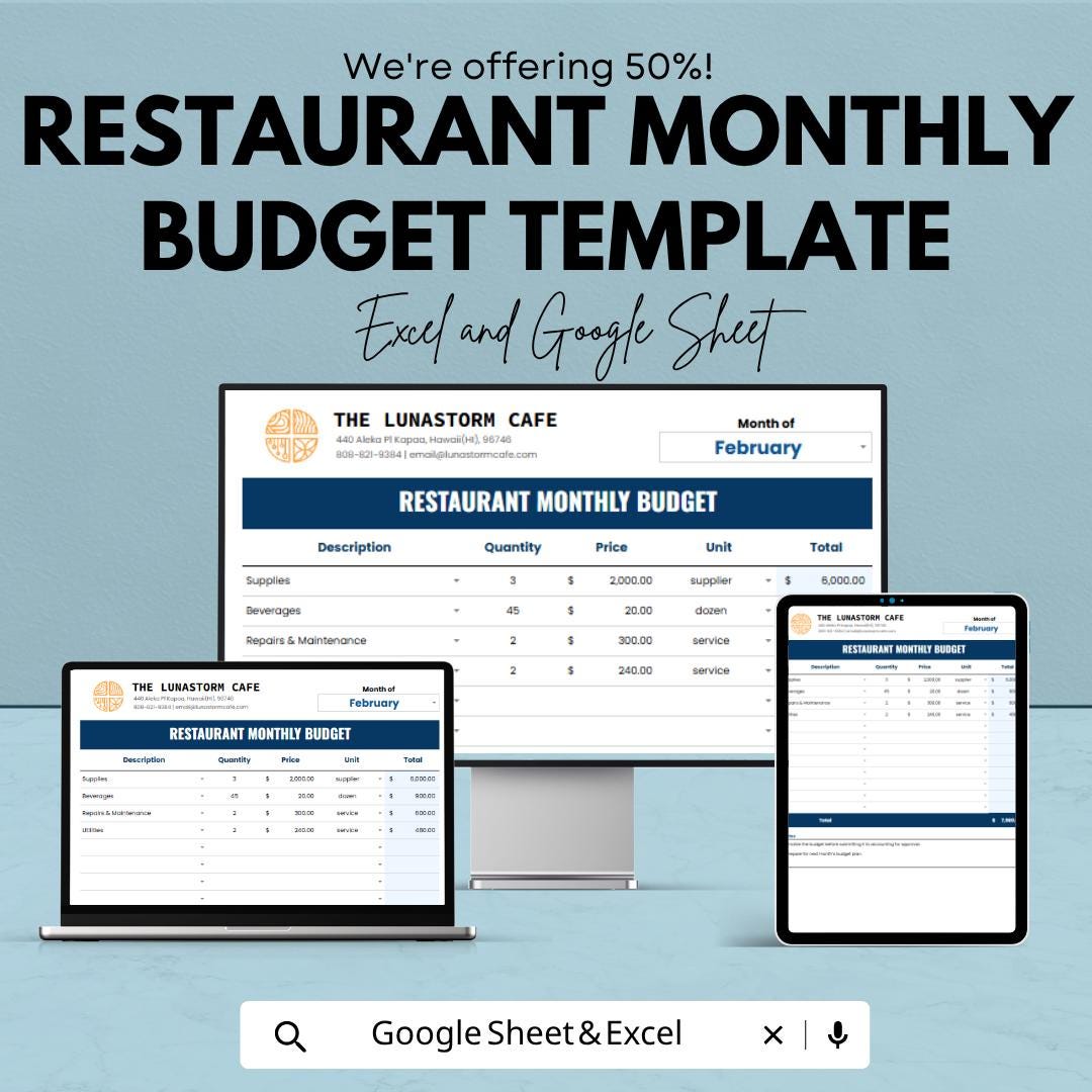 Restaurant Monthly Budget Template | Food Cost & Expense Tracker | Restaurant Finance Spreadsheet
