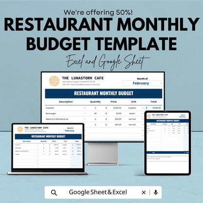 Restaurant Monthly Budget Template | Food Cost & Expense Tracker | Restaurant Finance Spreadsheet