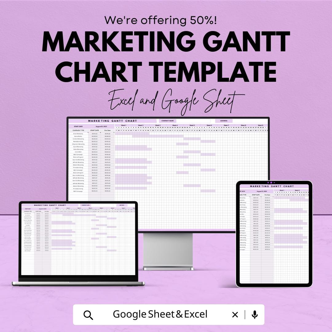 Marketing Gantt Chart Template | Campaign Planning Spreadsheet | Project Timeline Planner | Excel & Google Sheets