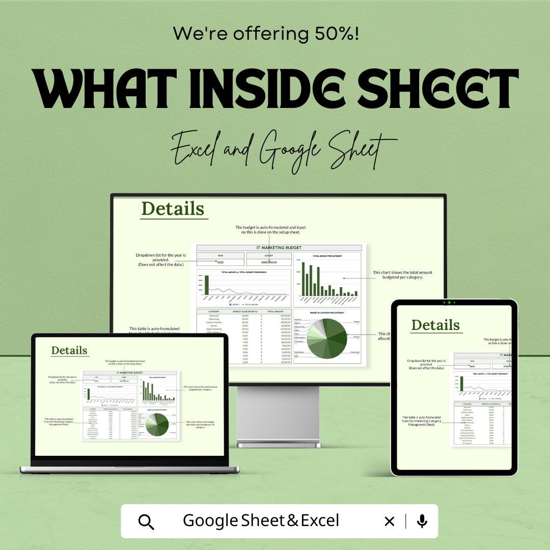 IT Marketing Budget Template | Excel & Google Sheets | IT Budget Planner | Marketing Expense Tracker | Editable Business Budget Spreadsheet