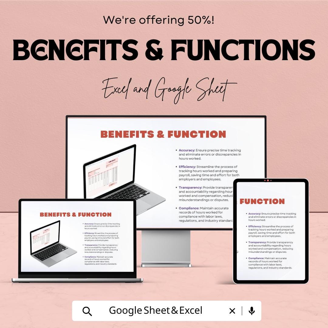 Timesheet Template – Excel & Google Sheets, 50% OFF – Track Employee Hours, Work Schedule, Editable Payroll, Time Management Tool