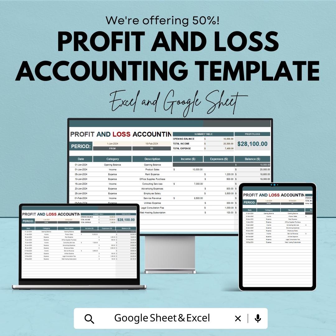 Profit and Loss Accounting Template | Excel and Google Sheets P&L Statement | Income and Expense Tracker | Business Profit Loss Report