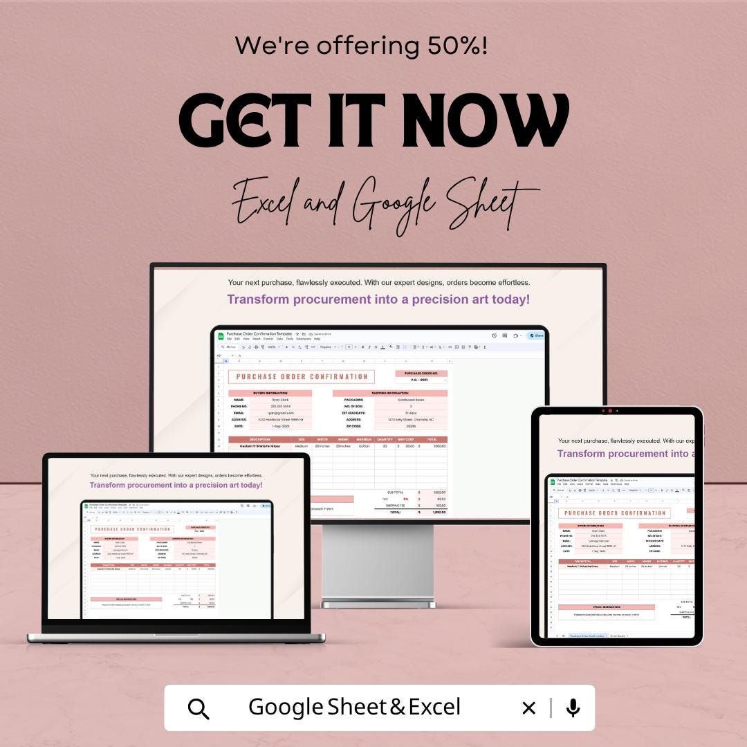 Purchase Order Confirmation Template | Order Confirmation Form | Invoice Tracker | Procurement Template | Excel & Google Sheets |