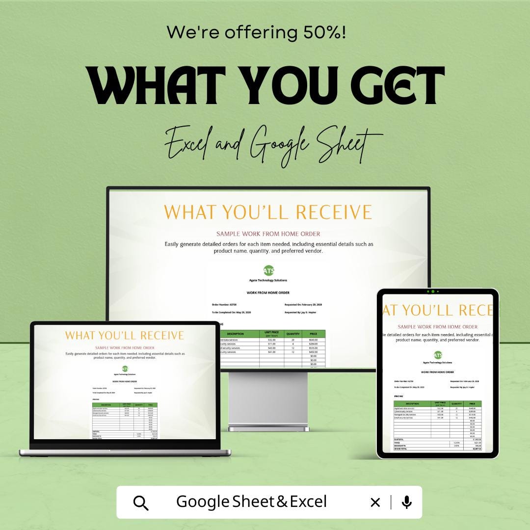 Sample Work From Home Order Template | Excel & Google Sheets | Remote Work Order Form | Business Purchase Sheet | Work Request Template