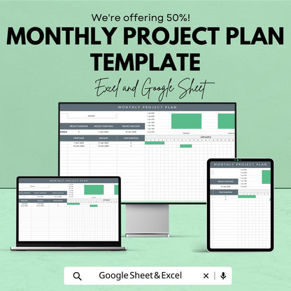 Monthly Project Plan Template | Project Management Spreadsheet | Gantt Chart Task Tracker | Monthly Planner | Productivity Planning Tool