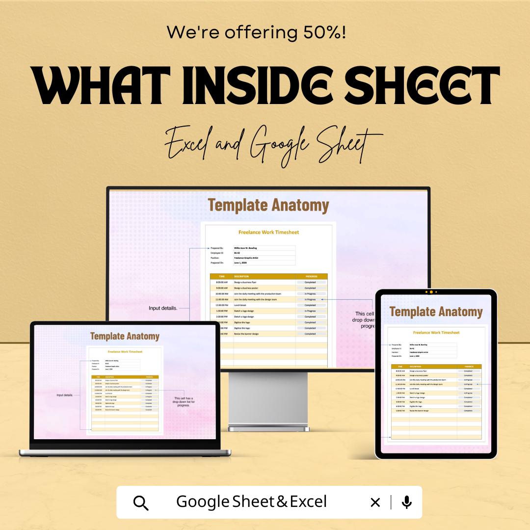 Freelance Work Timesheet Template - Excel and Google Sheet | Track Your Hours & Tasks | Time Management for Freelancers
