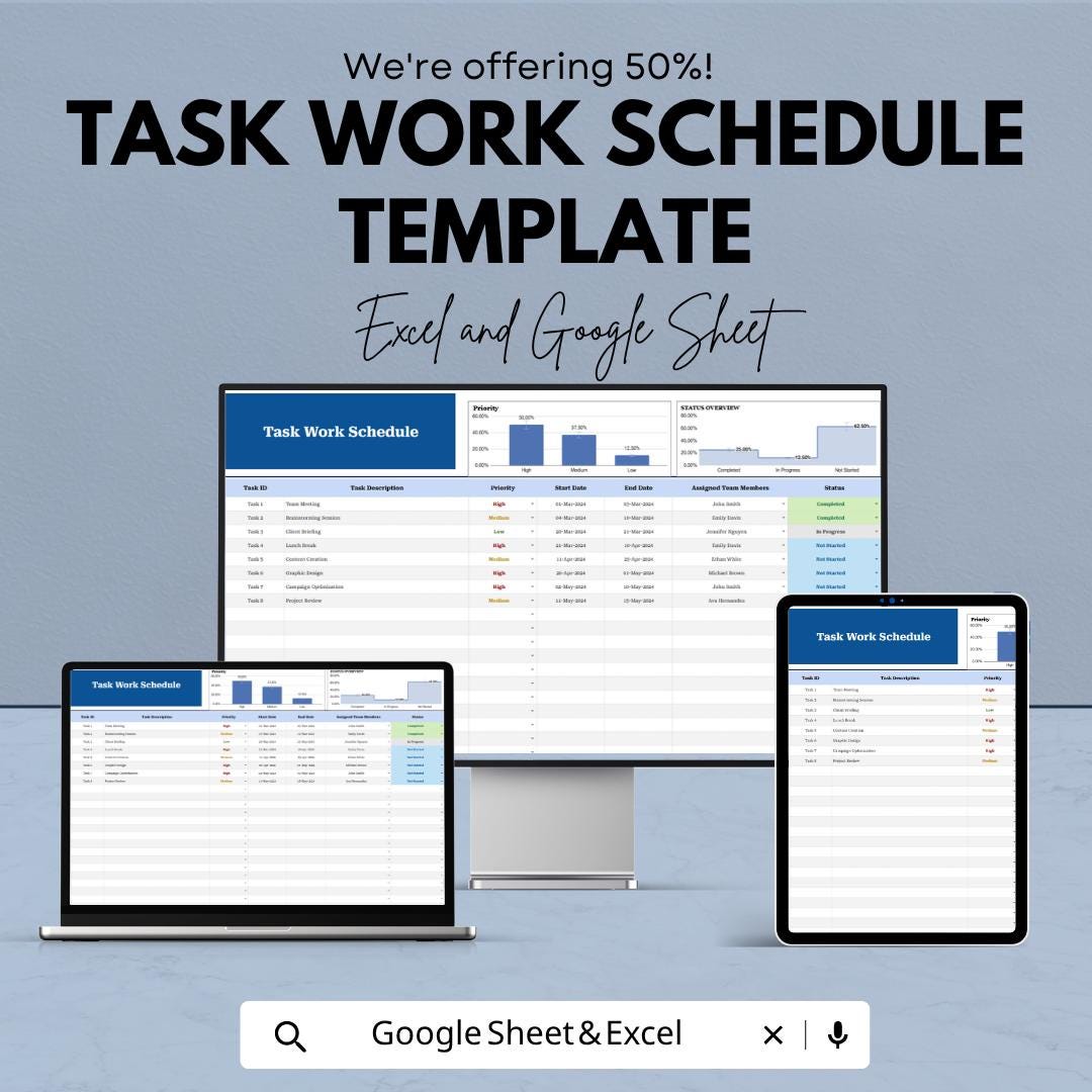 Task Work Schedule Template | Work Schedule Spreadsheet | Task Planner Template | Project Schedule Tracker | Excel & Google Sheets |