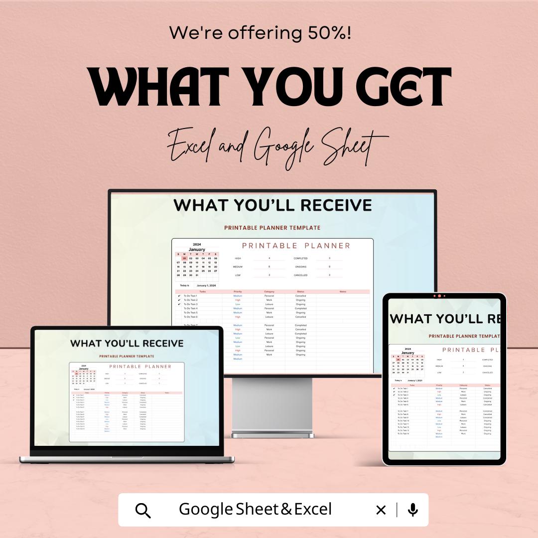 Printable Planner Sheet | Excel and Google Sheets | Task Organizer | Customizable Planner Template | Goal-Setting & Time Management