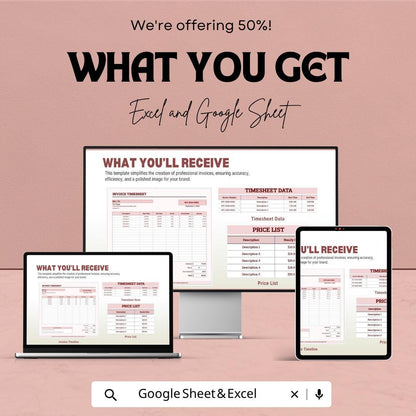 Invoice Timesheet Template | Freelancer Invoice Tracker | Work Hours Log Sheet | Billing Timesheet Sheet | Service Invoice Template