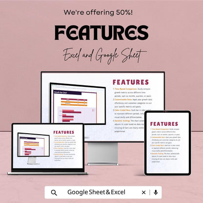 Growth Chart Template Excel & Google Sheets | Sales Growth Tracker | Performance Dashboard Spreadsheet | KPI Report Bar Chart Template