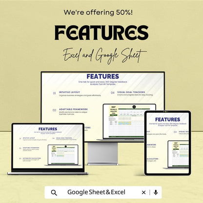 360 Degree Feedback Analysis Tool | HR Performance Review Template | Employee Evaluation Spreadsheet | Excel & Google Sheets