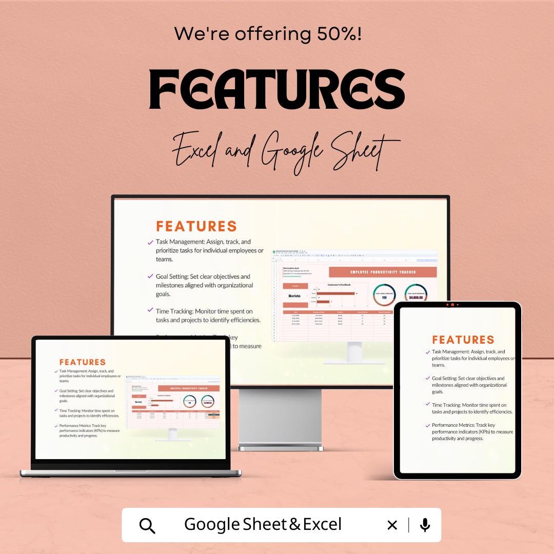 Employee Productivity Tracker Template, Excel & Google Sheets, Staff Performance Dashboard, Task KPI Tracker, Team Productivity Spreadsheet