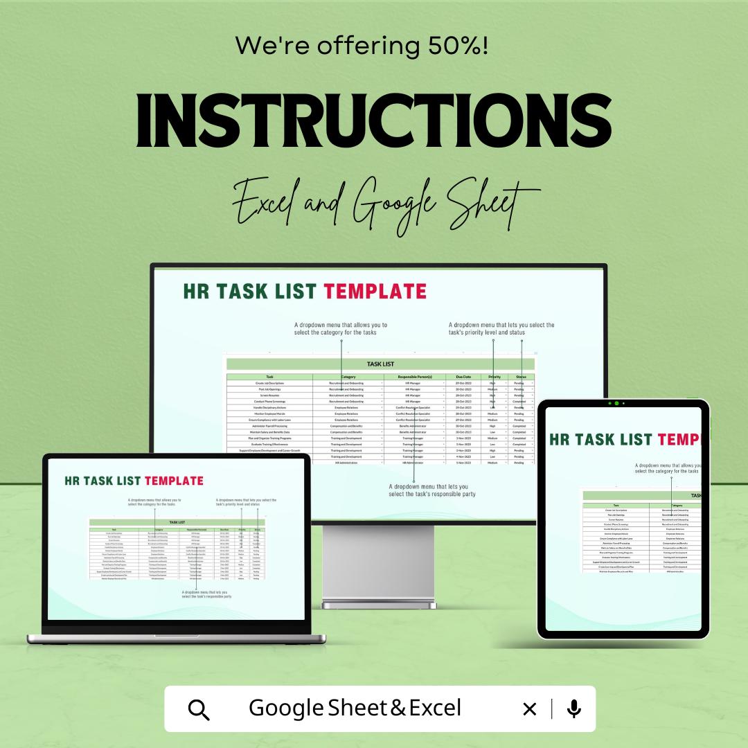HR Task List Sheet - Excel and Google Sheet Template for HR Management | Track Tasks, Deadlines & Progress Efficiently
