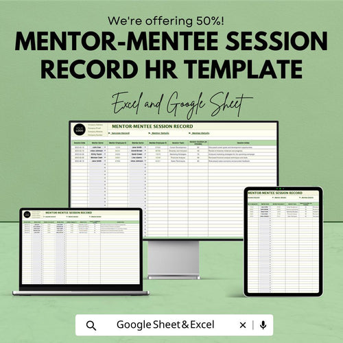 Mentor Mentee Session Record Template, HR Mentorship Tracker, Employee Coaching Log, Excel & Google Sheets Mentoring Spreadsheet