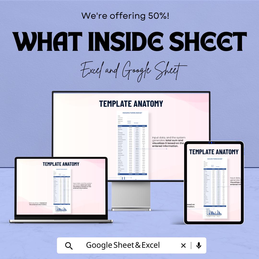Manufacturing Budget Sheet Excel and Google Sheets | Cost Tracker, Forecasting and Financial Template for Factory & Production