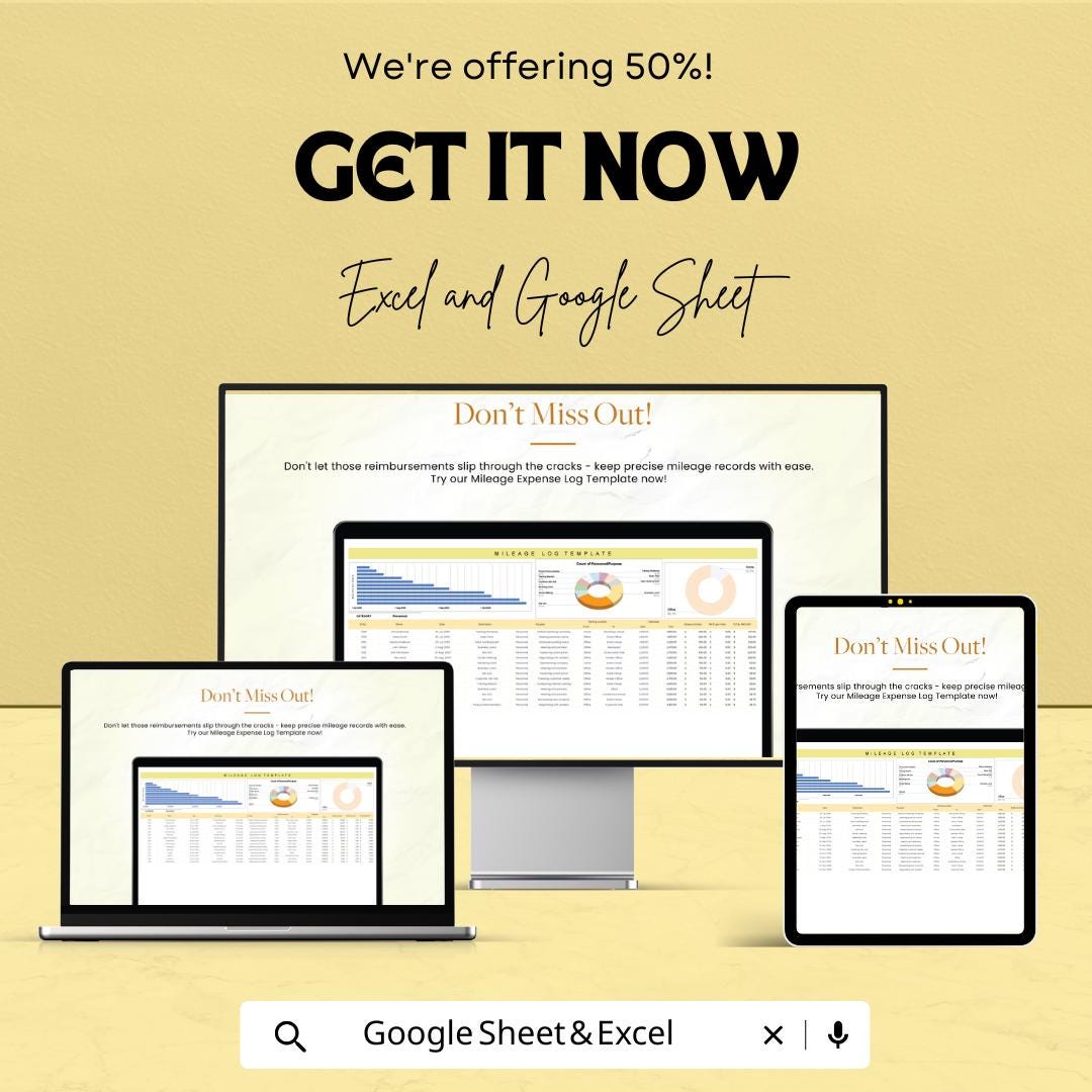Mileage Expense Log Sheet – Track and Calculate Business/Personal Mileage | Excel & Google Sheet Template