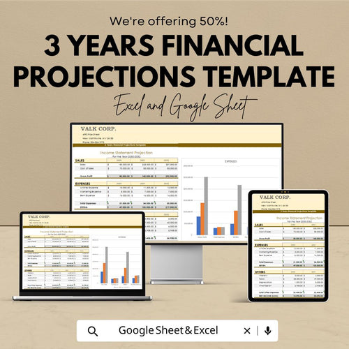 3 Years Financial Projections Template | Income Statement, Cash Flow & Balance Sheet Forecast |Business Financial Planner