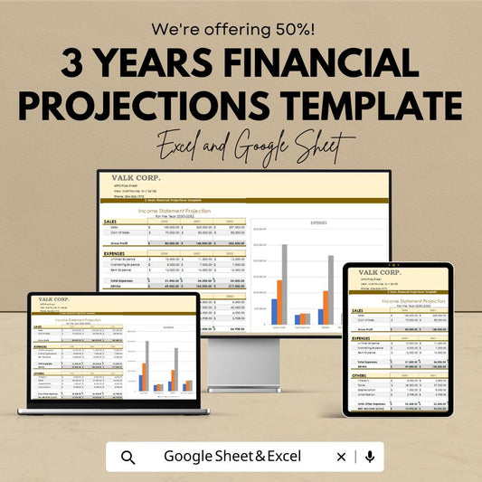 3 Years Financial Projections Template | Income Statement, Cash Flow & Balance Sheet Forecast |Business Financial Planner