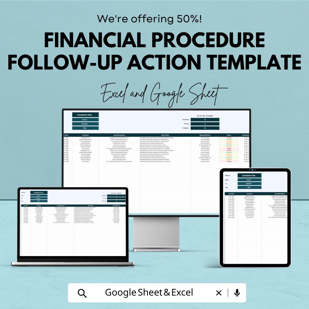 Financial Procedure Follow-Up Action Template | Compliance Action Tracker | Audit Follow Up Log | Excel & Google Sheets