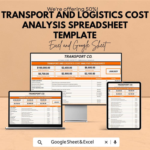 Transport and Logistics Cost Analysis Spreadsheet Template | Excel & Google Sheets | Logistics Cost Tracking Dashboard