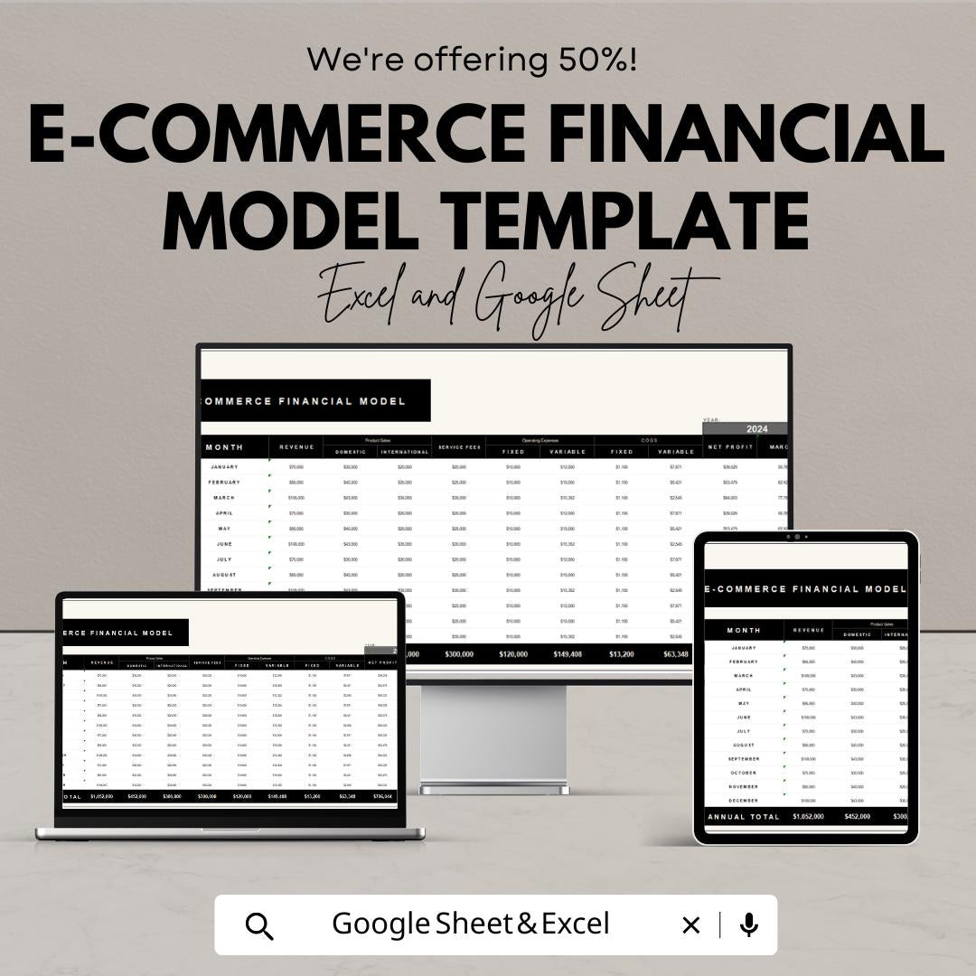 E-commerce Financial Model Template | Online Store Profit and Expense Tracker | Financial Projection Spreadsheet