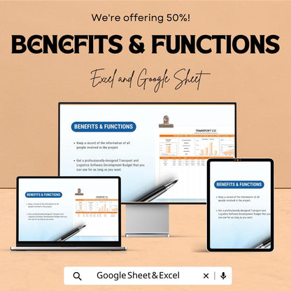 Transport & Logistics Software Development Budget Tracker | IT Project Cost Template | Excel and Google Sheets